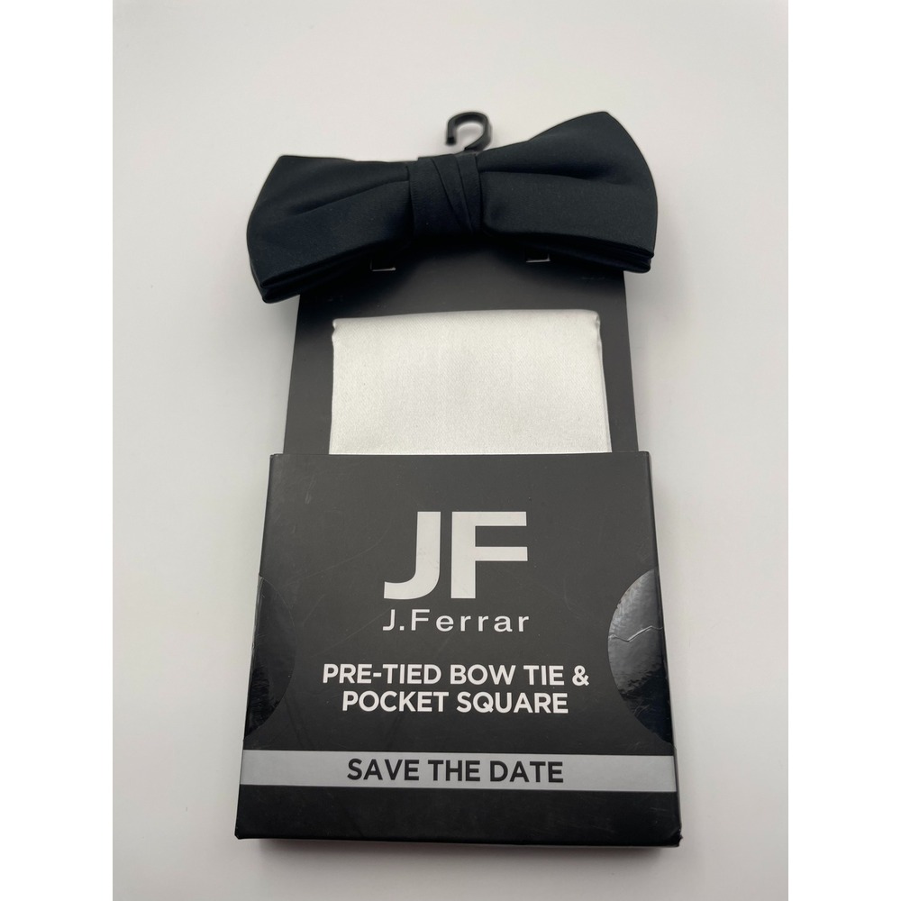 J Ferrar Mens Black Pre-Tied Bow Tie and White Pocket Square Set Save The Date